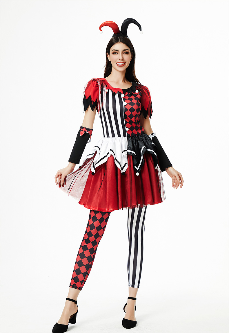 Adult Halloween Outfit Harlequin Jester Costume Red and Black Striped Dress